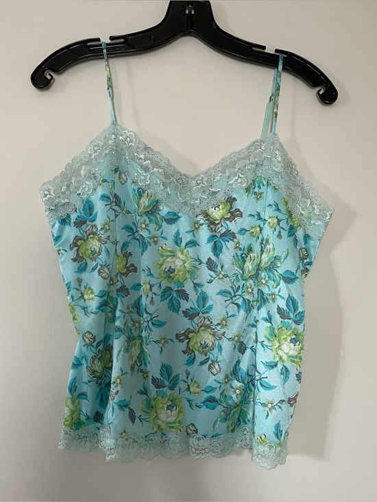 Worthington Tops - Vintage Blue Floral Silky Satin Lace Trim Cami Top Large Coquette Babydoll